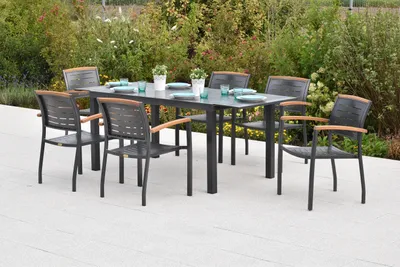 Produktbild von Merxx Gartenmöbel Set Tinos 7tlg., 6 Stapelsessel, Ausziehtisch 150 (200) x 90 cm- Aluminium/Akazie
