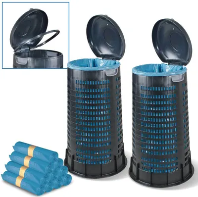 Produktbild von 2 Korbabfallsammler, Klappdeckel, Klemmring für 120 Liter Säcke, 410/520 mm, Höhe 880 mm, inkl. 250 Müllsäcke 120 Liter