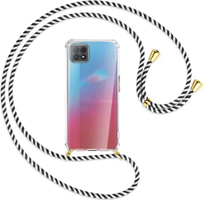 Produktbild von Handykette Backcover-Schutzhülle mit Band (Metall goldfarben) für Oppo A73 5G - schwarz/weiß gestreift
