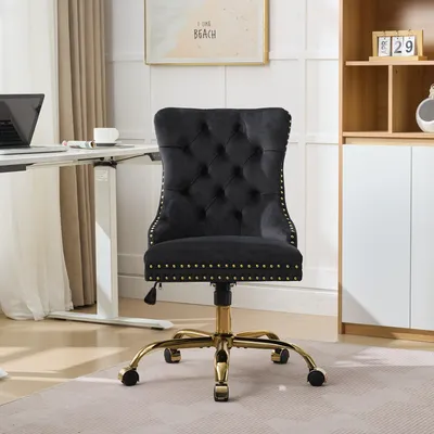 Produktbild von Clinvia Home Office-Stuhl, drehbarer Bürostuhl, mit Samtbezug und Knopfverzierung, verstellbarer Bürostuhl, goldfarbenes Metallgestell, schwarz