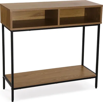 Produktbild von Versa Jinkx Schmales Möbelstück für den Eingangsbereich oder Flur, Moderner Konsolentisch, mit Stauraum, Maßnahmen (H x L x B) 75 x 30 x 80 cm, Holz und Metall, Farbe: Dunkelbraun und schwarz