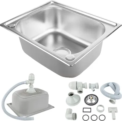 A stainless steel sink and its plumbing accessories are displayed against a white background.