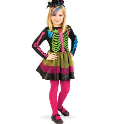 Produktbild von Kinderkostüm Día de los Muertos Kleid – Buntes Skelett Kleid für Mädchen (128)