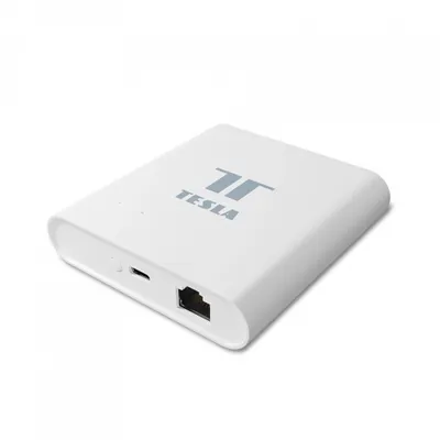 A white Tesla smart hub device is shown against a white background.