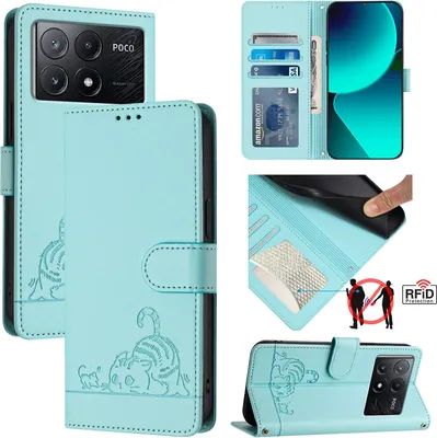 Produktbild von Leder Hülle für Xiaomi Poco X6 Pro/Redmi K70E Süße Katze Flip Case Brieftasche Schutzhülle mit Standfunktion hellgrün