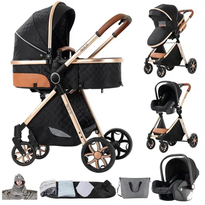 Image de Poussette combinée 3-en-1 - Poussette multifonctionnelle - Avec siège auto - Avec nacelle - Pliable - e CE - Noir et or