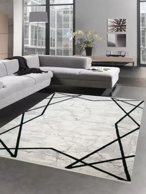 Produktbild von Teppich Wollteppich Marmorteppich geometrisches Muster beige creme schwarz Größe - 160x230 cm
