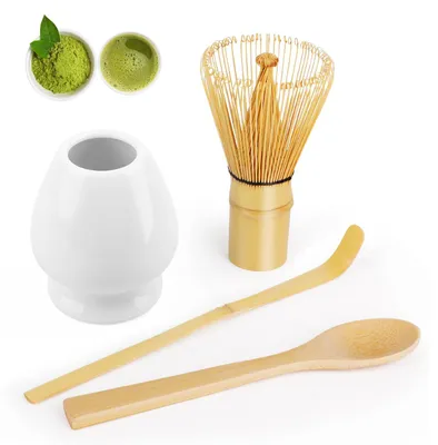 4-teiliges Matcha-Besen-Set, Bambus & Keramik, Weiß