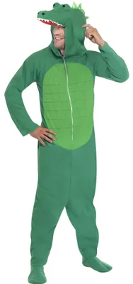 Erwachsener im grünen Krokodil Kostüm Croco mit Kapuze, hellgrüner Bauchpartie und Krokodilschnauze für Fasching und Karneval.