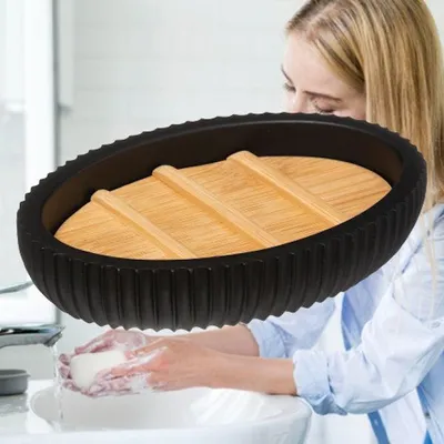 Productafbeelding van Decopatent® Zeepbakje - Bamboe Houten / Polyresin Zeephouder voor badkamer keuken of toilet - Zeepdoos - Zeepschaaltje - Zwart