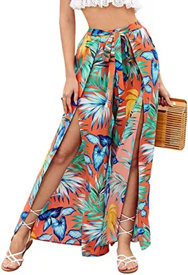 Image de ASKSA Femmes Pantalon de plage imprimé Pantalon d'été Enveloppez Pantalon jambes larges Avec Braguette Pantalon de sport ample Pantalon de loisirs, Orange, XL