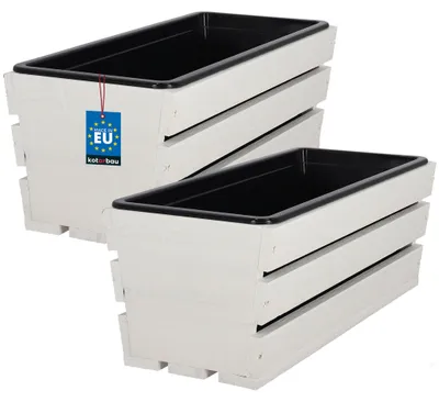 Produktbild von KOTARBAU® 2er Set Blumenkasten für Balkon 40x18x15cm Pflanzkasten Balkonkasten mit Kunststoffeinsatz Blumentopf Kräutertopf aus Kiefernholz Weiß