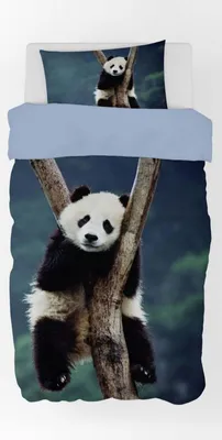 A duvet cover and pillowcase set featuring a panda bear design.