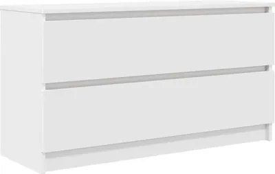 A white dresser with two drawers against a white background.