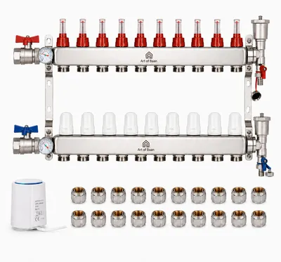 Produktbild von Heizkreisverteiler 10-fach Komplettset Edelstahl Fußbodenheizung