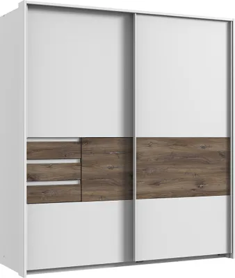 Produktbild von Schlafzimmer Schwebetürenschrank mit 3 Schubkästen in weiß mit Flagstaff Eiche Nb. BREGENZ-43, B/H/T ca. 180/198/65 cm