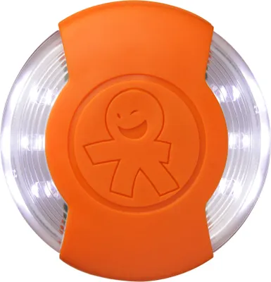 A close-up, front-facing view of an orange and clear LED safety light with a gingerbread man-like icon.