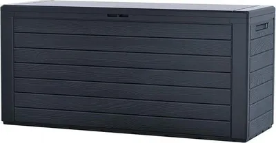 Produktbild von Garten-Aufbewahrungsbox XL 280 l – Hergestellt in Europa – Mit Griffen – Kissenbox Polypropylen – Outdoor-Aufbewahrungsbox robust – Holz-Stil – Graue Aufbewahrungsbox Gartenkissenbox