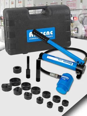 Obrázek produktu pro Hydraulická sada pro děrování, AMZCNC, 10 tun, ruční pumpa, ocel, sada pro děrování s 6 vyměnitelnými matricemi, průměry děr: 22 mm, 27,5 mm, 34 mm, 43 mm, 49 mm