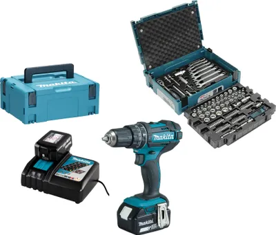 Produktbild von Makita Akku-Schlagbohrschrauber 18 V / 3,0 Ah, 2 Akkus + Ladegerät inkl. 120-tlg Zubehör-Set und MAKPAC DHP482JX13