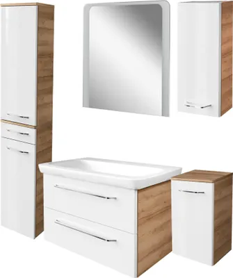 Produktbild von Fackelmann MILANO Badmöbel Set 6-teilig, 80 cm, Braun hell/Weiß, Keramik inkl. LED-Spiegel + Hängeschrank + Unterschrank + Hochschrank
