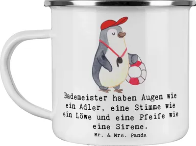 Produktbild von Mr. & Mrs. Panda blechbecher Bademeister Superheld - Weiß - Geschenk, Haferl, Berufsliebe, Emaille Tasse, Fürsorge, Beruf, Teetasse, Kaffeepott, handgefertigte Geschenke