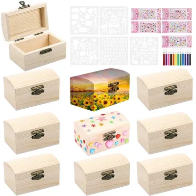 Produktbild von Bastelset Schatztruhen Kinder 10 Stück Holz mit Buntstiften & Diamantaufklebern