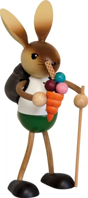 Produktbild von Drechslerei Kuhnert - Hasen mit langen Beinen - mit Eis und Rucksack - Größe ca. 19cm - schöne Dekoration zur Frühlingszeit