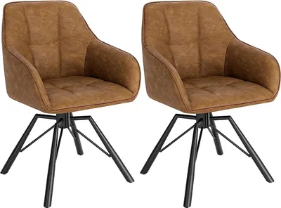 Two brown swivel chairs with black legs on a white background.