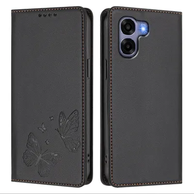 Image de Étui en cuir pour Oppo A6X 4G, étui de protection type portefeuille en cuir gaufré « papillon » avec support, noir
