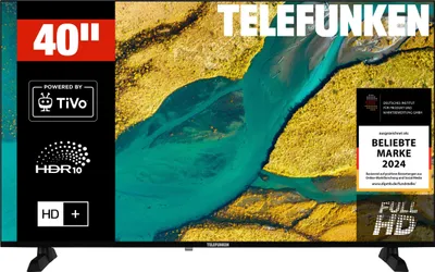 A Telefunken television displaying a landscape image, with various feature callouts on the left and right sides.