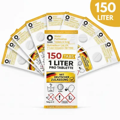 Produktbild von JUNG Oasis 150x1L (150L) Trinkwasseraufbereitung Tabletten 8,5mg GE+ faltbarer Wasserkanister Camping Wasserentkeimung Wasseraufbereitung Trinkwasser