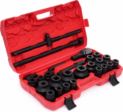 A red toolbox containing a set of black socket wrenches and accessories.