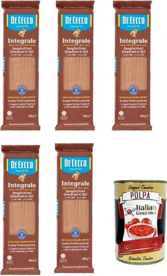 Produktbild von De Cecco Integrale Spaghettoni quadrati N° 413, Pasta integrale, Vollkornnudeln, 5x 500g + Italian Gourmet polpa 400g