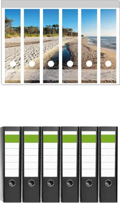 Produktbild von Wallario 6 Stück breite Ordner inkl. Klebeetiketten mit Motive Einsamer Strand am Meer - Blauer Himmel -  Set mit Rückenschildern / Ordnerrücken Stickern