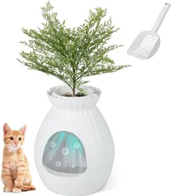 Produktbild von GOPLUS Katzentoilette mit intelligenter Geruchskontrolle, Katzenklo mit Kunstpflanze, Kieselsteinen, Türvorhang, Schaufel, Pflanzenklo für Katzen