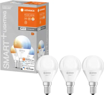 A product shot of a package of LEDVANCE smart bulbs and three individual bulbs.