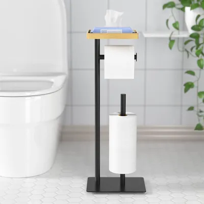 Produktbild von Freistehender Toilettenpapierhalter mit oberem Ablagefach aus Bambus; schwarzer Toilettenpapierhalter; stehender Toilettenpapierspender mit Platz für 4 Ersatzrollen.