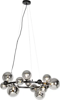 Zdjęcie produktu dla QAZQA – Art Deco Lampa wisząca w stylu art deco I Lampa wisząca I Lampa wisząca czarna z dymionym szkłem 12-płomieniowa – David I Salon I Sypialnia – Okrągła stalowa – Odpowiednia do żarówek LED G9