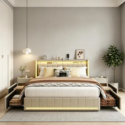 Image de Lit capitonné INONEFT 160 x 200 cm avec 4 tiroirs, lit double, lit avec rangement, tête de lit LED et ports USB, lit pour adolescents avec sommier à lattes, en lin, couleur beige