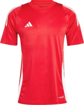 A red Adidas soccer jersey with white stripes on the sleeves and sides.
