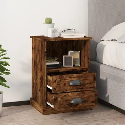 Image de Ensemble de 2 tables de chevet modernes - En bois de chêne fumé - Avec trois tiroirs spacieux pour la chambre à coucher