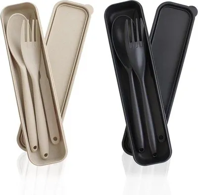 Produktbild von Reisbesteck aus Kunststoff - 2 Sets großes tragbares Reisebesteck - Besteckbox mit Gabeln und Löffeln - Camping-Picknick-Ausstattung - schwarz beige