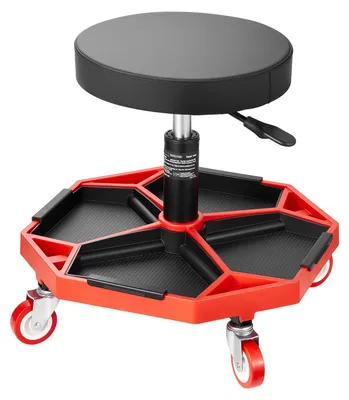 Produktbild von Rollbarer Werkstatthocker Werkstattsitz (136 kg Tragkraft) Garagensitz Arbeitshocker, höhenverstellbar (420–550 mm), Rollsitz mit Werkzeugablage für Garage Werkstatt Autoreparatur, Schwarz+Rot