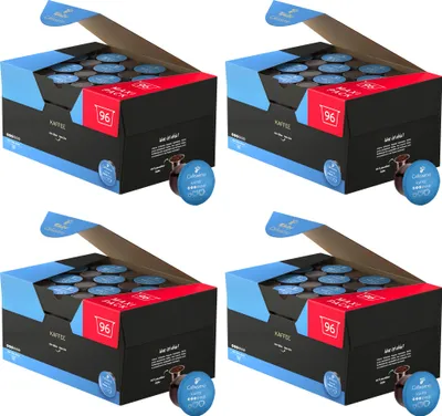 Four boxes of Tchibo coffee capsules are shown, with one box open, displaying the capsules inside and one capsule outside.