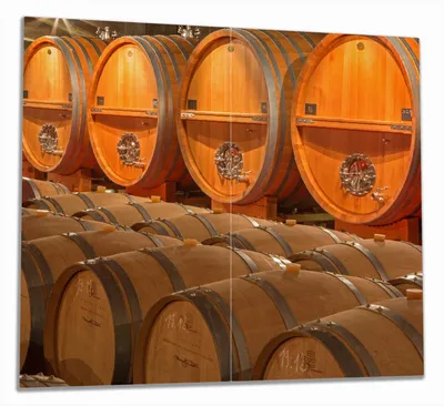 Produktbild von Wallario Herdabdeckplatte aus Glas, Größe 60 x 52 cm 2-teilig, Motiv Weinkeller mit alten Holzfässern