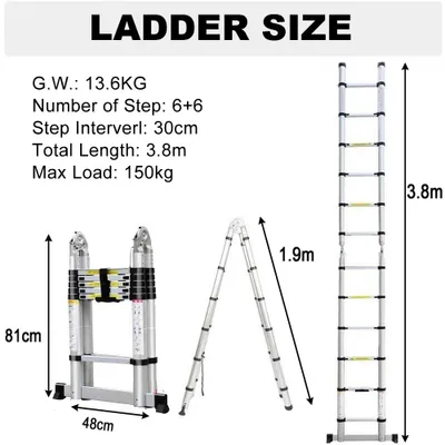 Produktbild von Teleskopleiter - Klappbare A-Leiter - 3,8 m - Aluminium - Rutschfest - Bis 150 kg belastbar - EN131