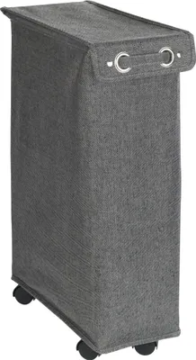 A tall, narrow, grey fabric laundry hamper with wheels and a lid.