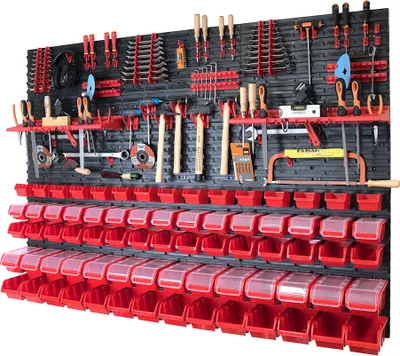 Produktbild von 144-tlg. Werkzeugwand Set 1728 x 1170 mm Werkstattwand mit 73 Stapelboxen Werkzeughalterungen Werkstattregal Wandregal für Werkstatt Garage Lagersystem Werkstatteinrichtung Kunststoff
