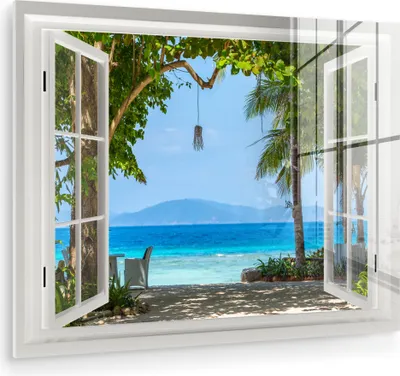 Produktbild von MuchoWow Glasbilder - Bilder auf Wandbild - Foto auf Glas Aussicht - Baum - Meer - Palme - Hügel - Strand - Blau 80x60 cm Wanddekoration aus Glas - Acrylglasbild - Acrylbilder - Wanddekorationen